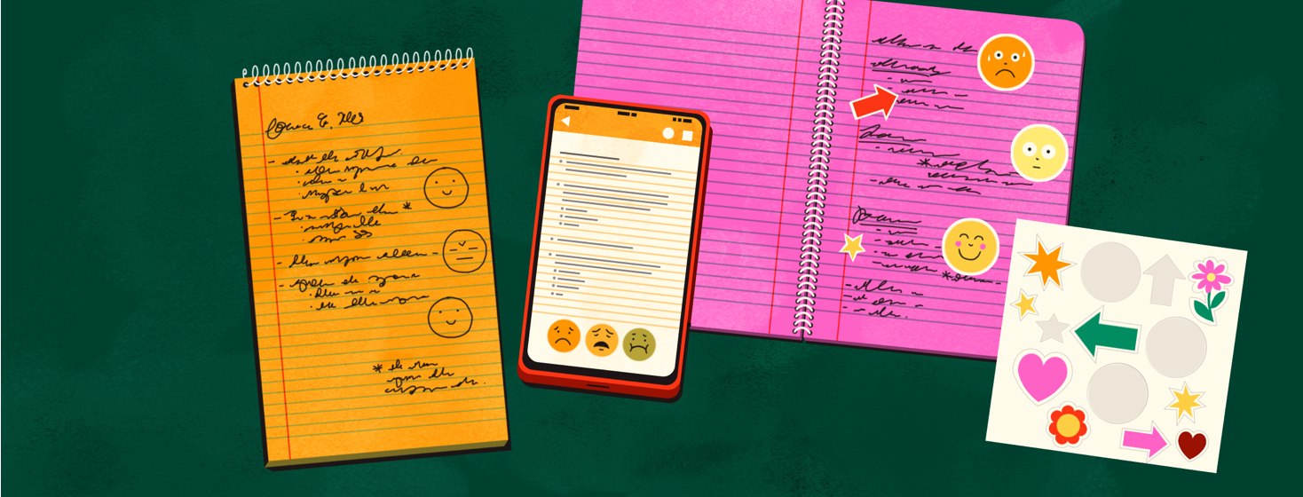Various symptoms tracking methods including notebooks, stickers, and a smartphone.