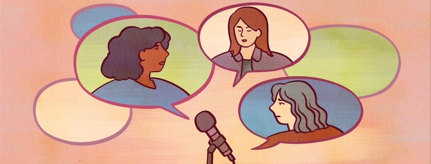 Women's portraits appear in speech bubbles emerging from a microphone.