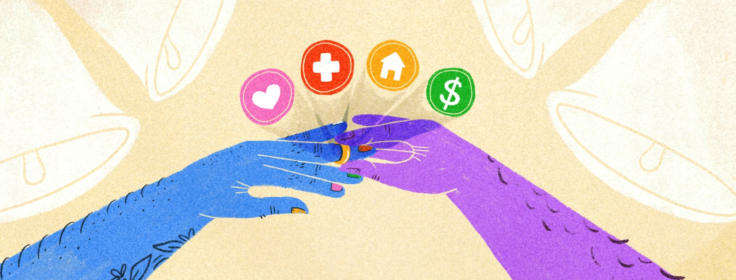 A person putting a wedding ring on another person's finger with heart, medical, home, and money icons floating above
