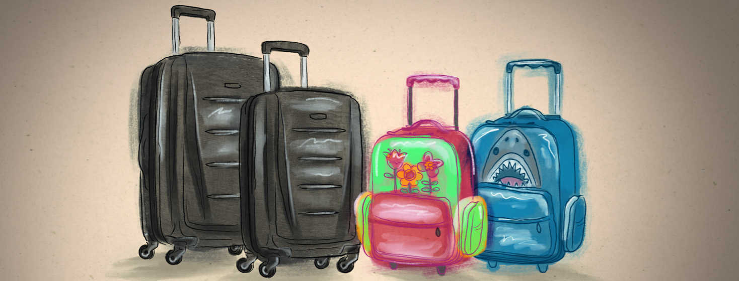 A lineup of two adult travel suitcases and two children suitcases.