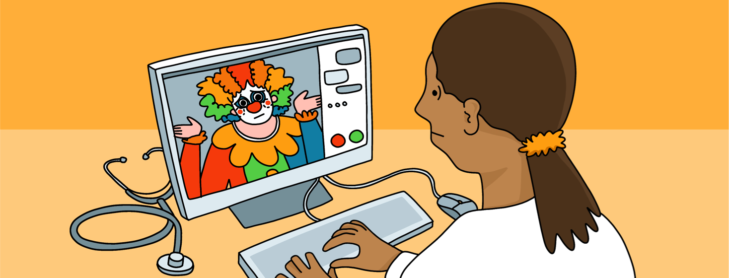 A doctor sits at a computer looking at their patient on screen who is shrugging and wearing a clown costume.