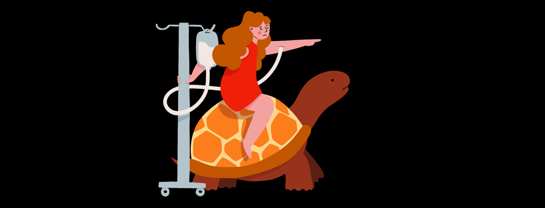 A girl sits on a turtle, connected to an IV infusion, pointing hastily forward.