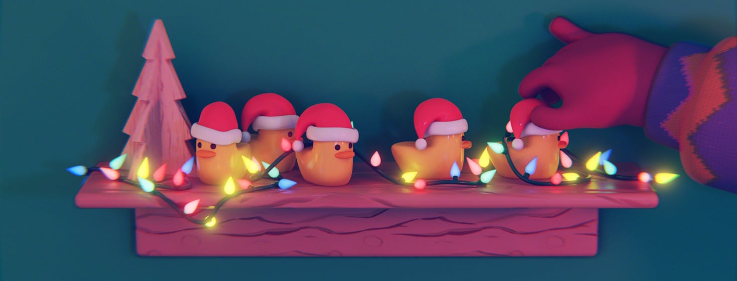A shelf of disheveled rubber ducks wearing hats draped in holiday light. There is a hand getting those ducks in a row on the right.