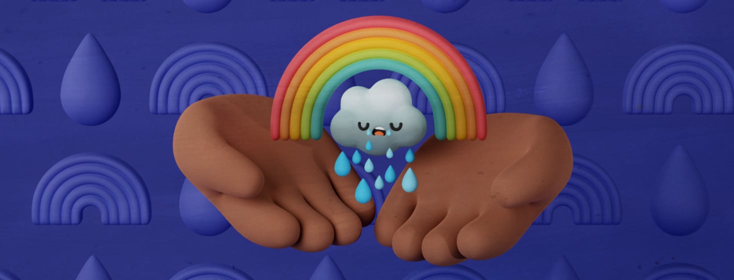 A crying and raining cloud is being held by two hands. Above the crying cloud is a rainbow.