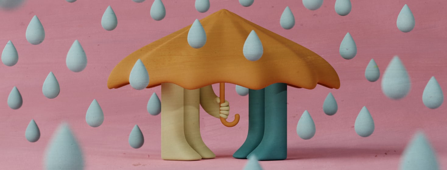 Two pairs of legs are under an umbrella, and one pair has a matching arm holding an umbrella over the other. There are raindrops throughout the scene.