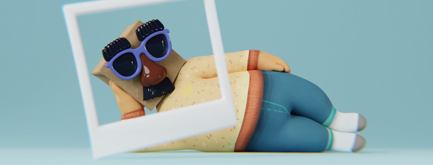 A figure lying on their side with their head leaning on their hand. On their head is a paper bag. They are also wearing playful sunglasses, eyebrows, nose, and mustache over the bag.