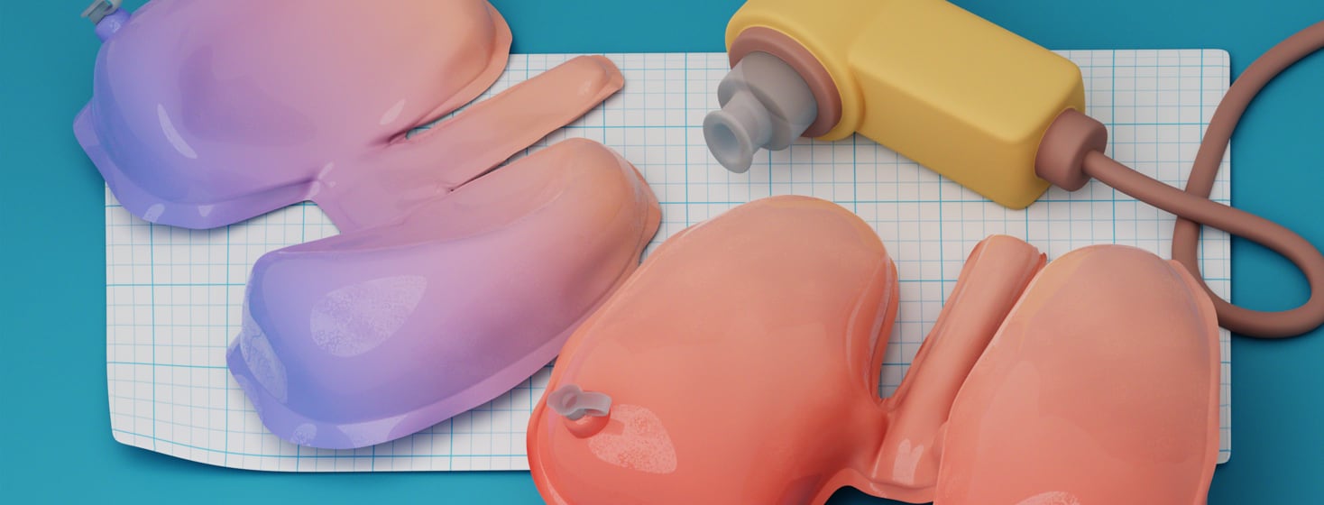 A pair of inflatable vinyl lungs. One set is fully inflated and bright pink. The other is only partially inflated and has a purple hue to it. There is also a PFT mouthpiece laying above the two sets of lungs.