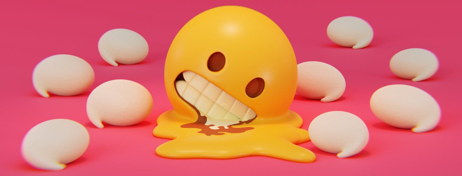 A melted grimacing emoji surrounded by speech bubbles