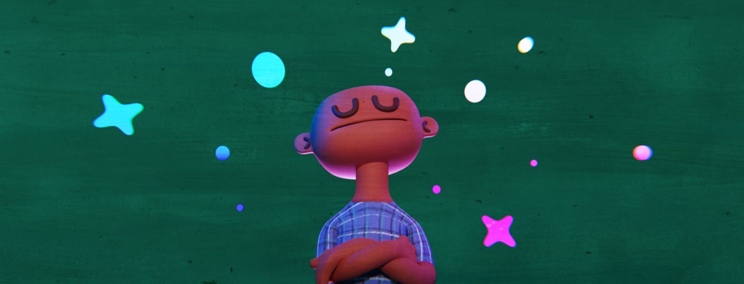 A person crosses their arms while stars and lights float around their head. The expression on their face is that of loss in thought and uncomfortableness.