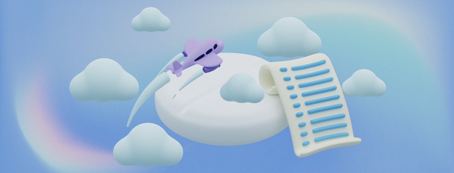 A purple airplane flies over a white tablet floating in the sky.