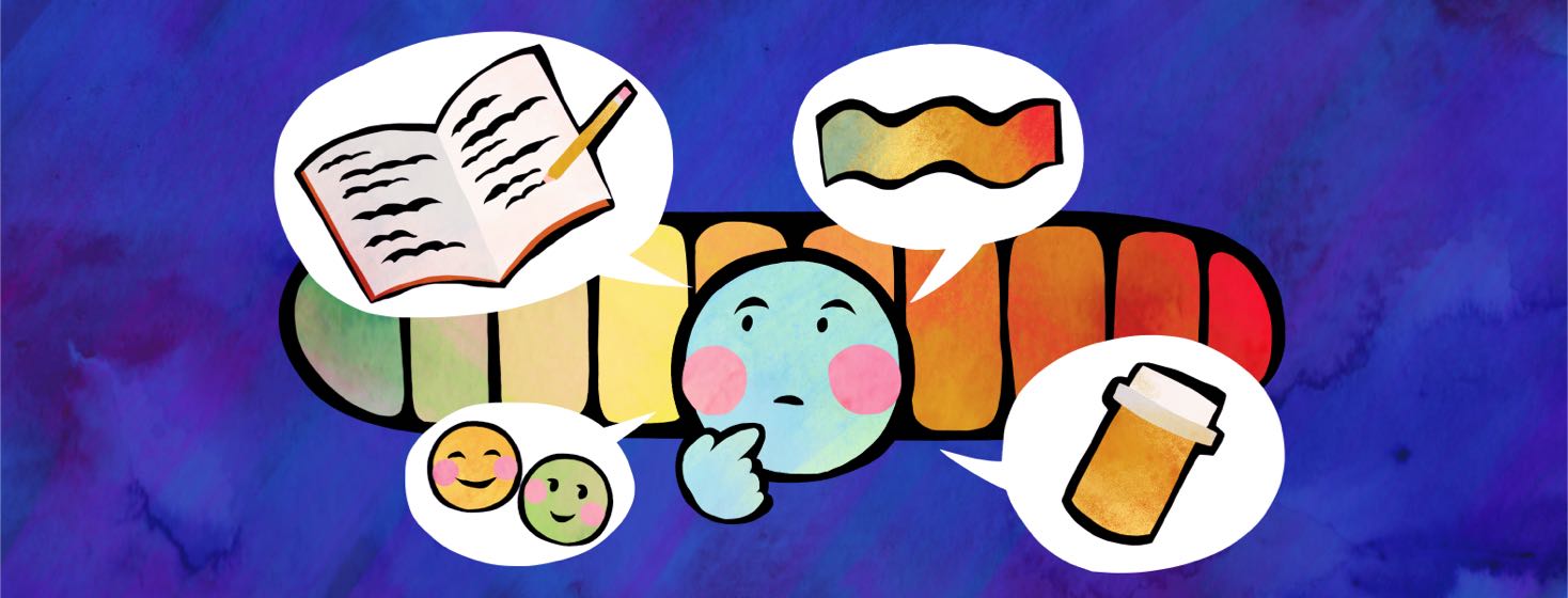 An emoji face looks thoughtful in front of a colored bar chart, as speech bubbles float around showing a journal, friends, a pain scale meter and medication.