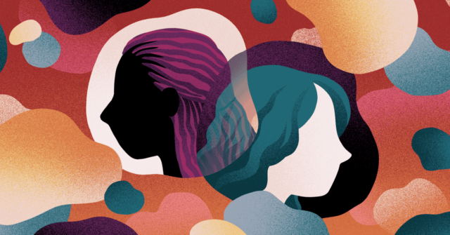 Side profiles of a Black woman and a white woman contained in floating bubbles.