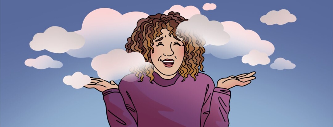 A woman laughs and shrugs, surrounded by clouds.