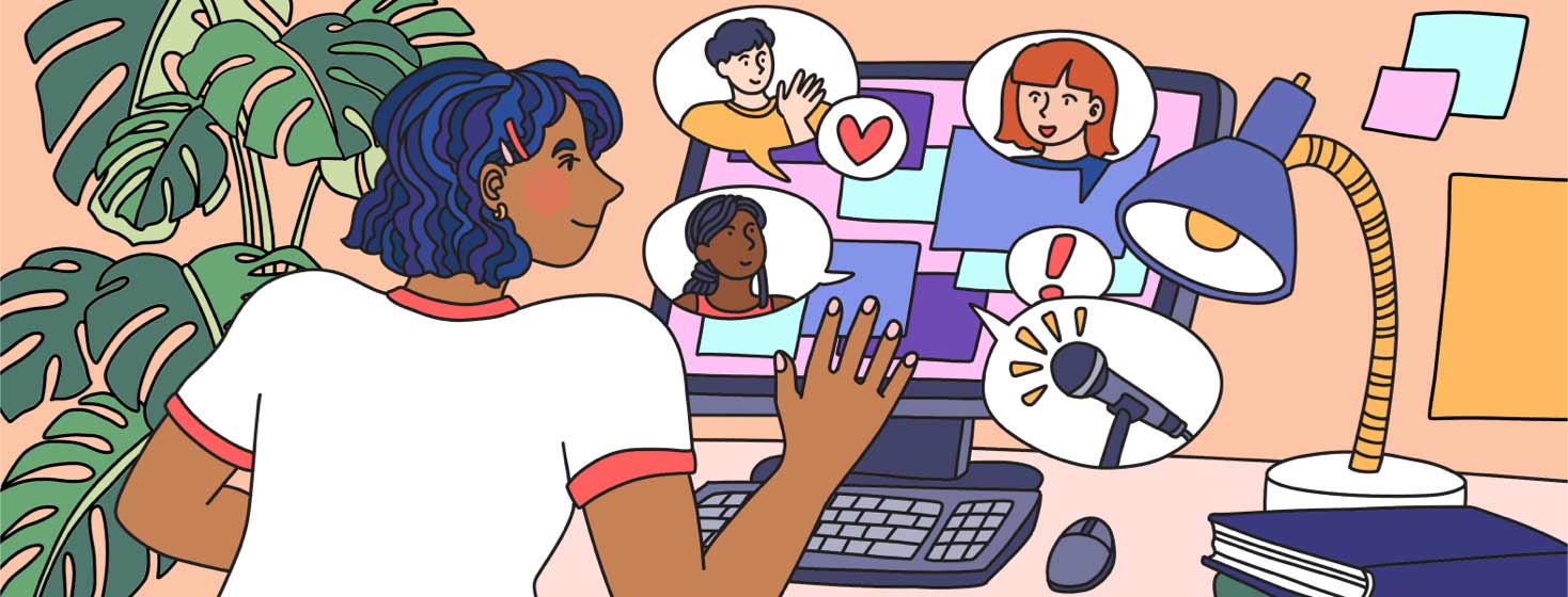 A woman waves at a computer screen, which shows multiple browser windows with speech bubbles showing other people smiling and waving and a microphone.