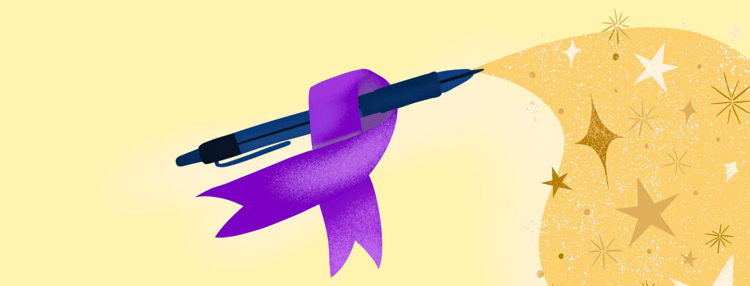 Pen with Purple awareness ribbon; stream of stars gold come from tip.