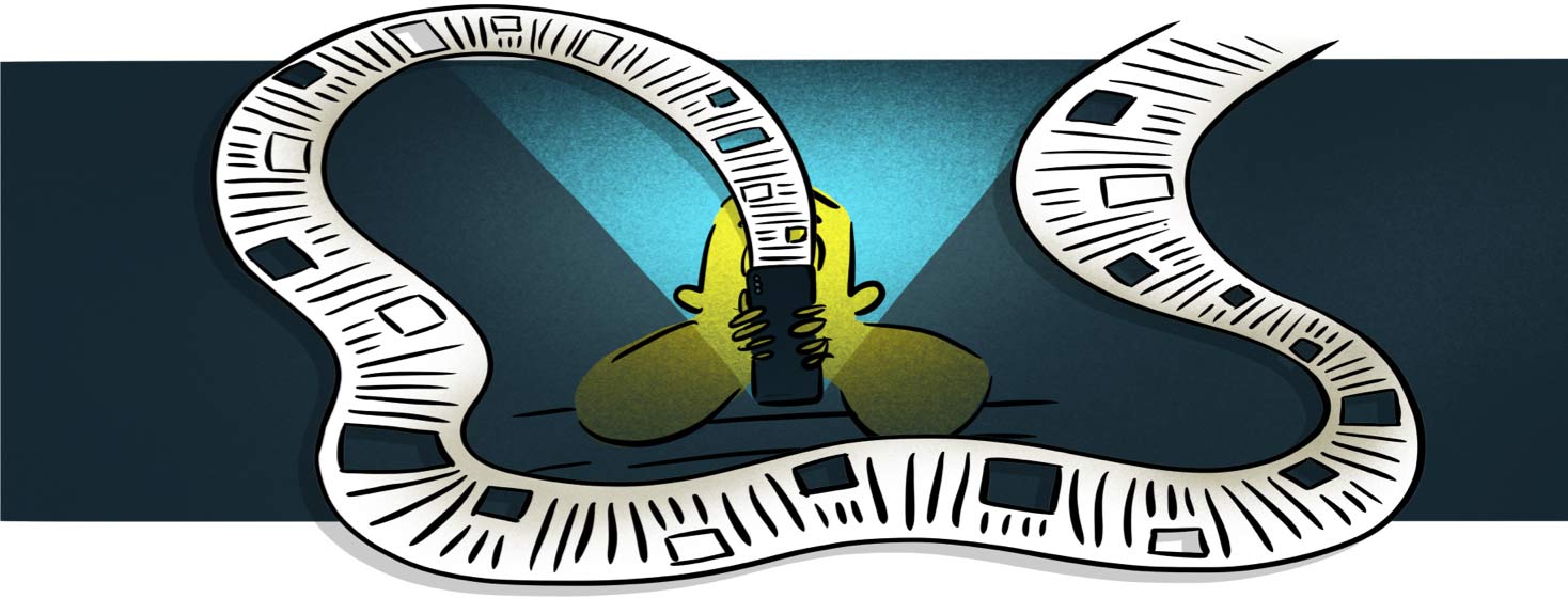 A person holding a phone as scrolling pages of information float around them.