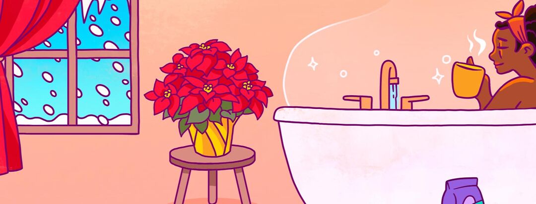 a woman soaks in a bath tub alone for the holidays poinsettia decoration