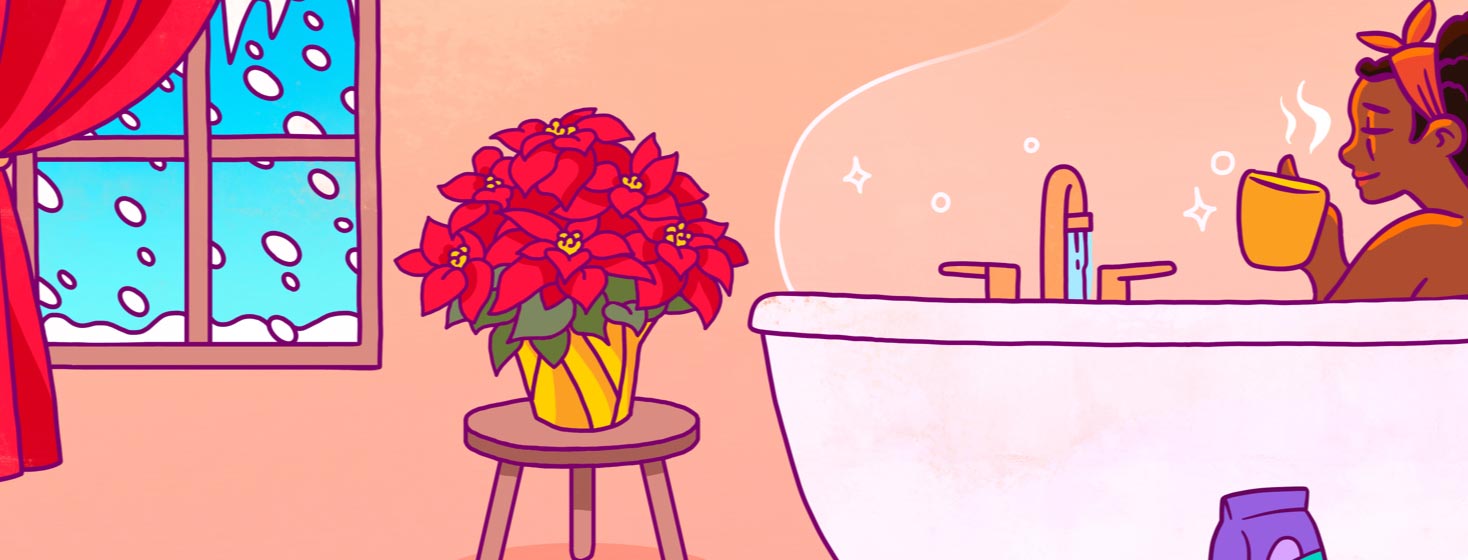 a woman soaks in a bath tub alone for the holidays poinsettia decoration
