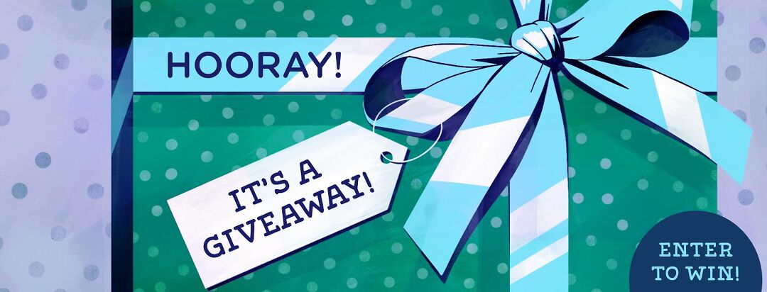 A present with a bow and tag that says, "Hooray it's a giveaway!"