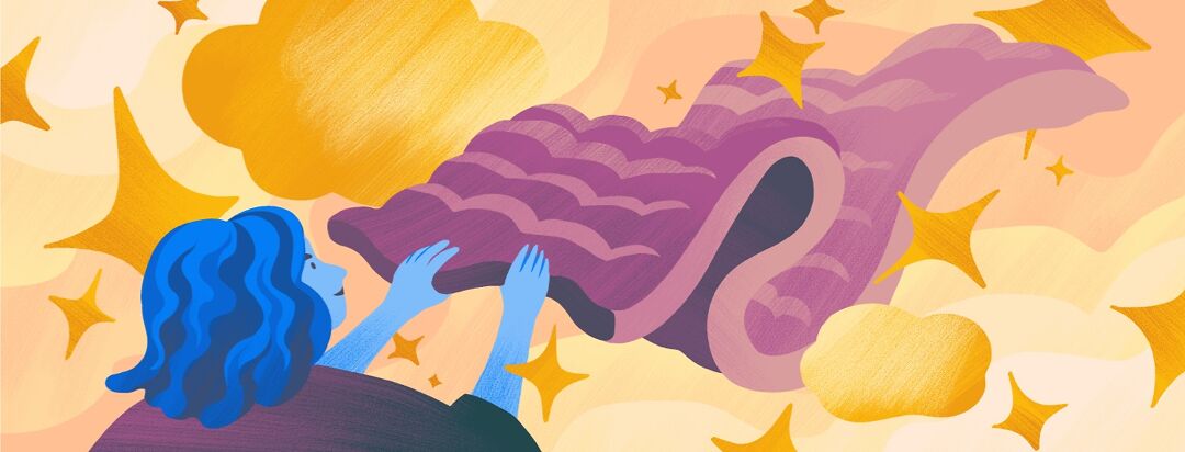 A colorful illustration of a person gently holding and adjusting a large, textured weighted blanket, surrounded by golden stars and clouds, symbolizing comfort and self-care for chronic pain relief.